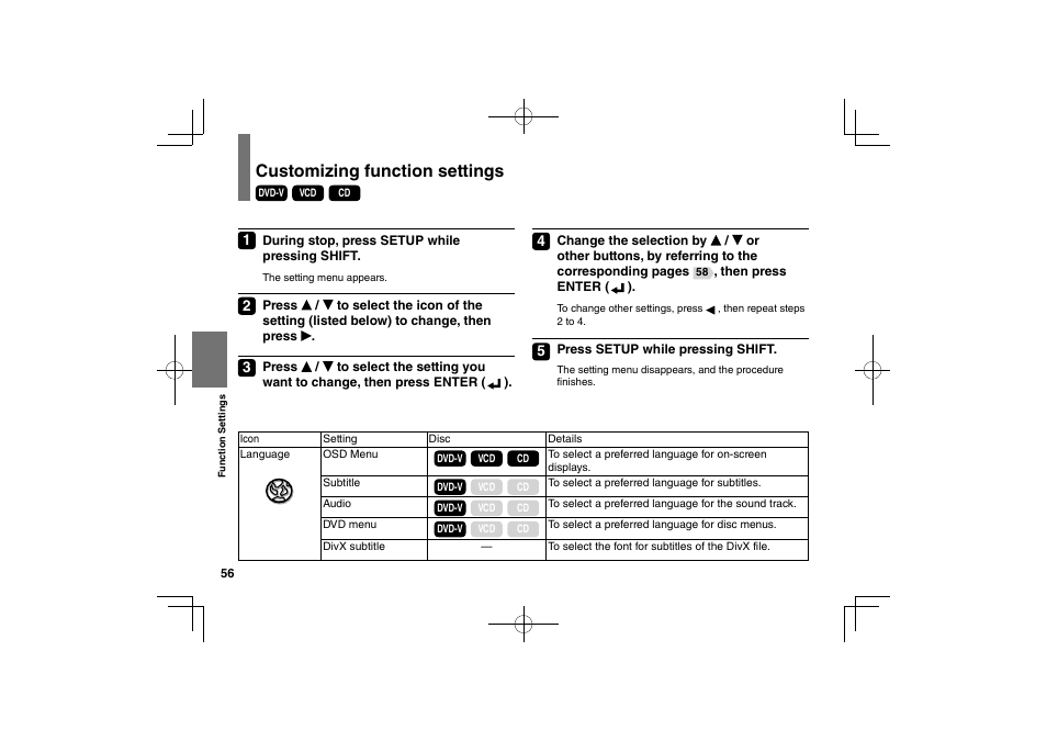 Customizing function settings | Toshiba SDP95S User Manual | Page 56 / 74