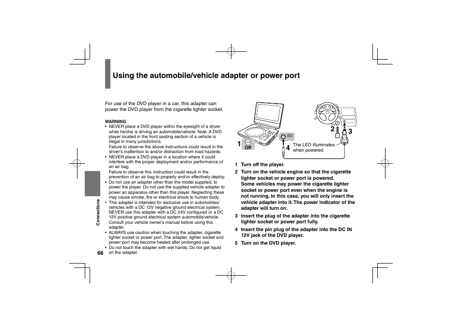 Using the automobile/vehicle adapter or power port | Toshiba SDP95S User Manual | Page 66 / 74