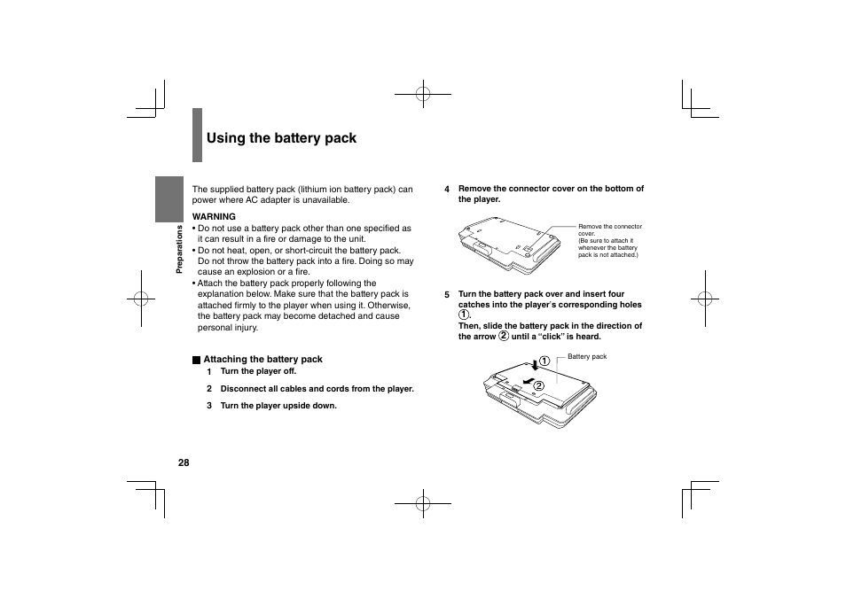 Using the battery pack | Toshiba SDP94S User Manual | Page 28 / 76