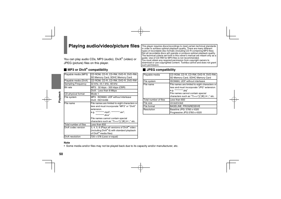 Playing audio/video/picture files | Toshiba SDP94S User Manual | Page 50 / 76
