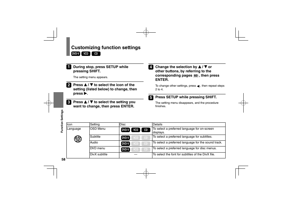 Customizing function settings | Toshiba SDP94S User Manual | Page 58 / 76