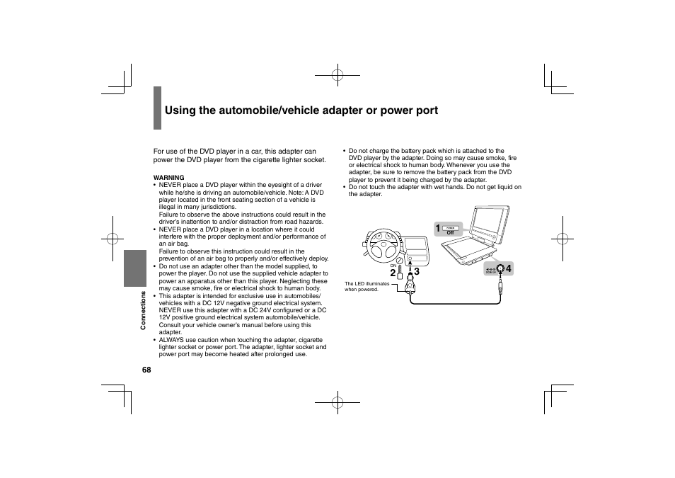 Using the automobile/vehicle adapter or power port | Toshiba SDP94S User Manual | Page 68 / 76