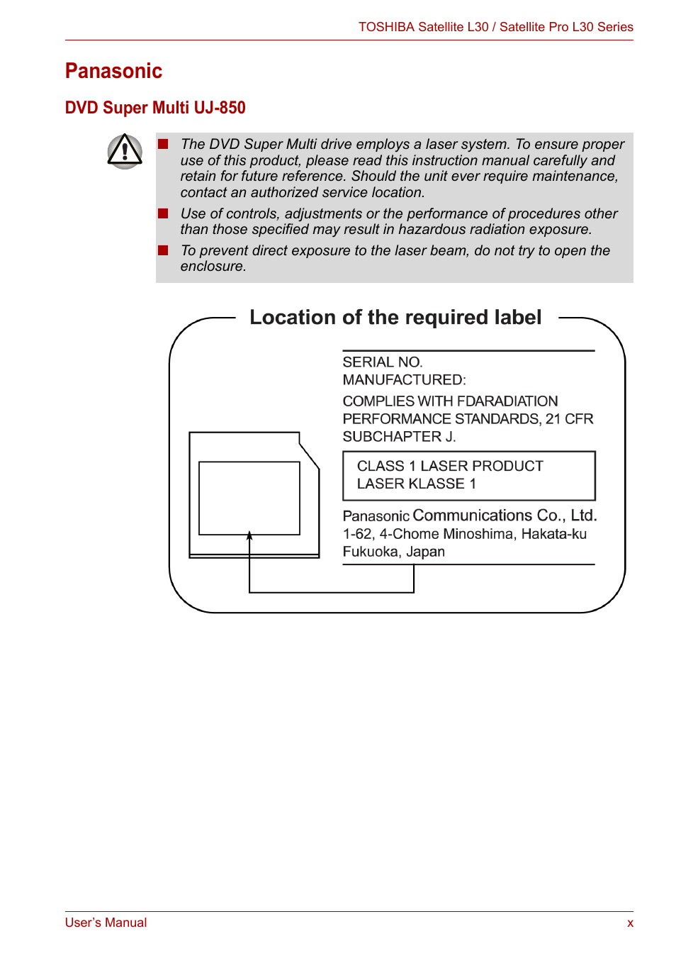 Panasonic, Dvd super multi uj-850 | Toshiba Satellite L30 (PSL33) User Manual | Page 10 / 165