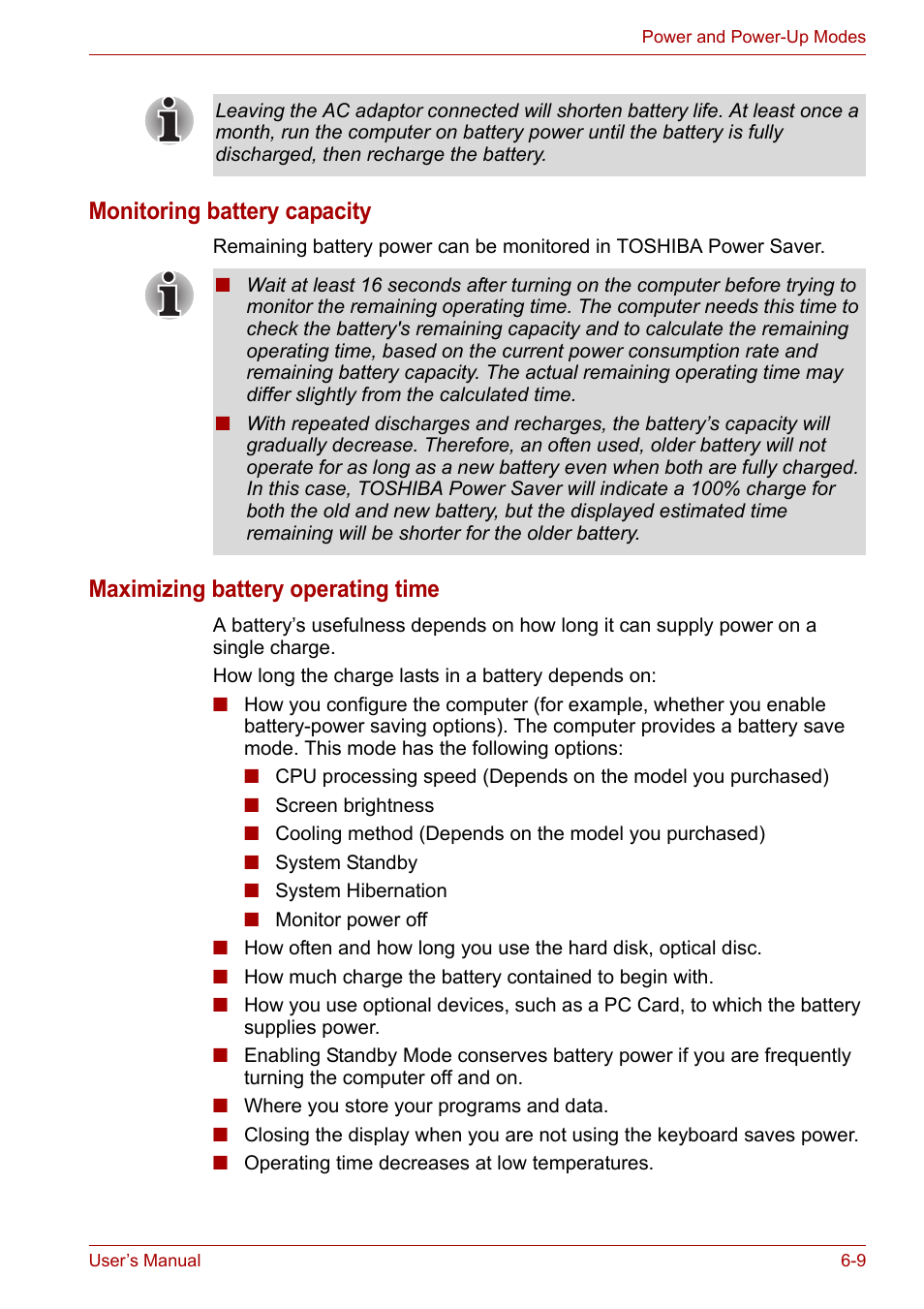 Monitoring battery capacity, Maximizing battery operating time | Toshiba Satellite L30 (PSL33) User Manual | Page 100 / 165