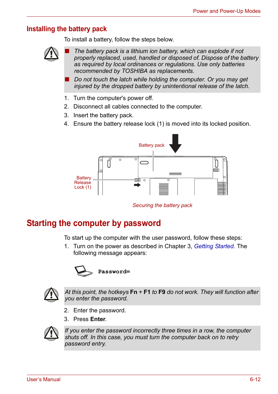 Starting the computer by password, Starting the computer by password -12, Installing the battery pack | Toshiba Satellite L30 (PSL33) User Manual | Page 103 / 165