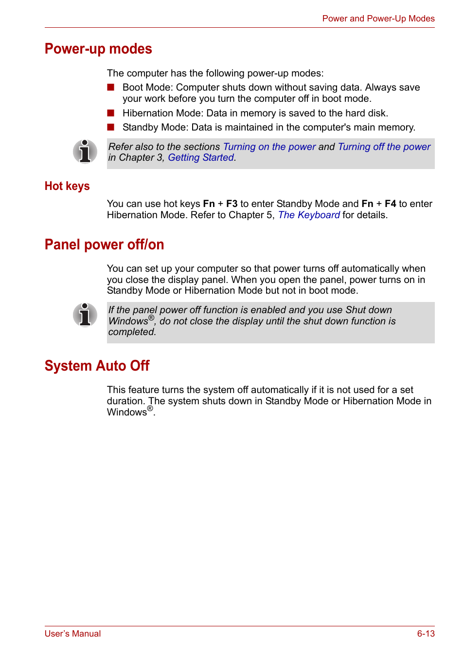 Power-up modes, Panel power off/on, System auto off | Hot keys | Toshiba Satellite L30 (PSL33) User Manual | Page 104 / 165