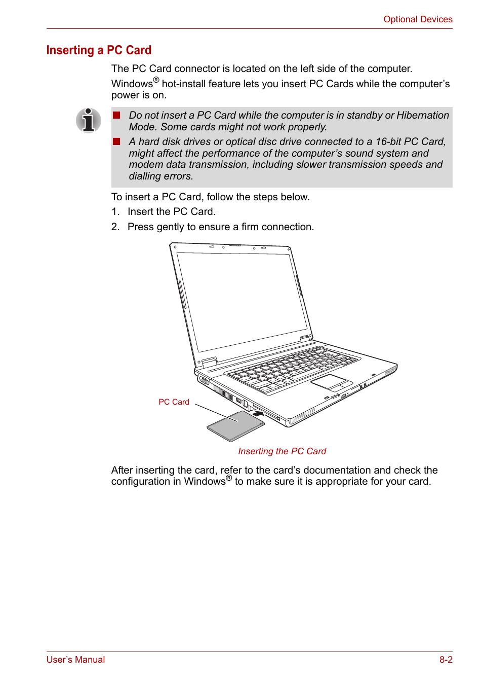 Inserting a pc card | Toshiba Satellite L30 (PSL33) User Manual | Page 109 / 165