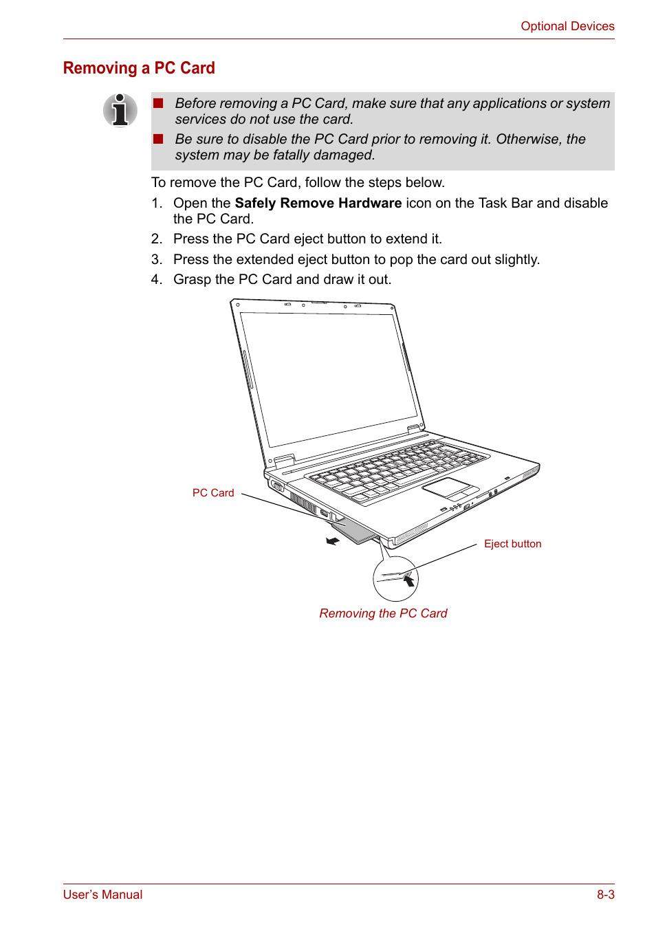 Removing a pc card | Toshiba Satellite L30 (PSL33) User Manual | Page 110 / 165