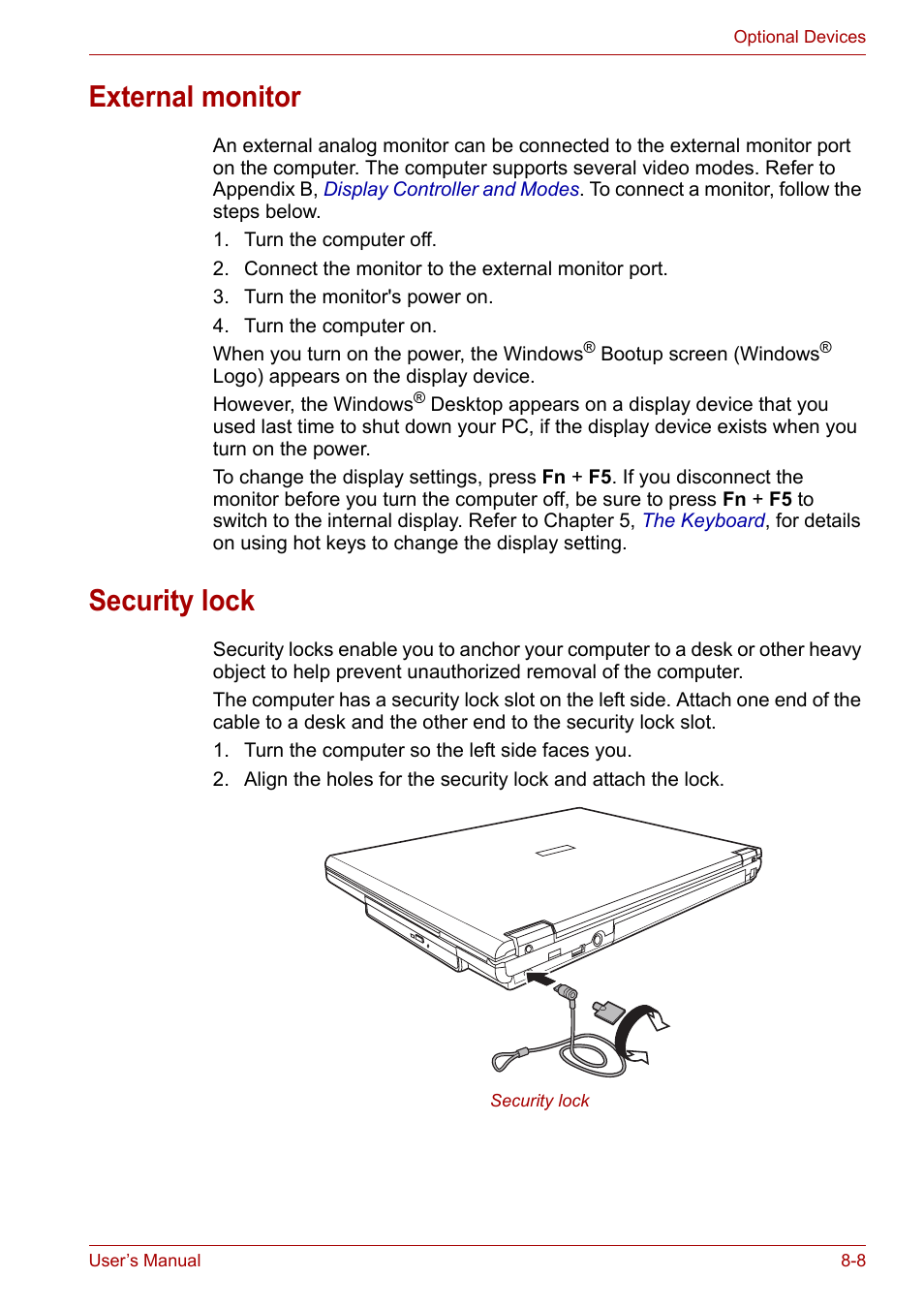 External monitor, Security lock, External monitor -8 security lock -8 | Toshiba Satellite L30 (PSL33) User Manual | Page 115 / 165