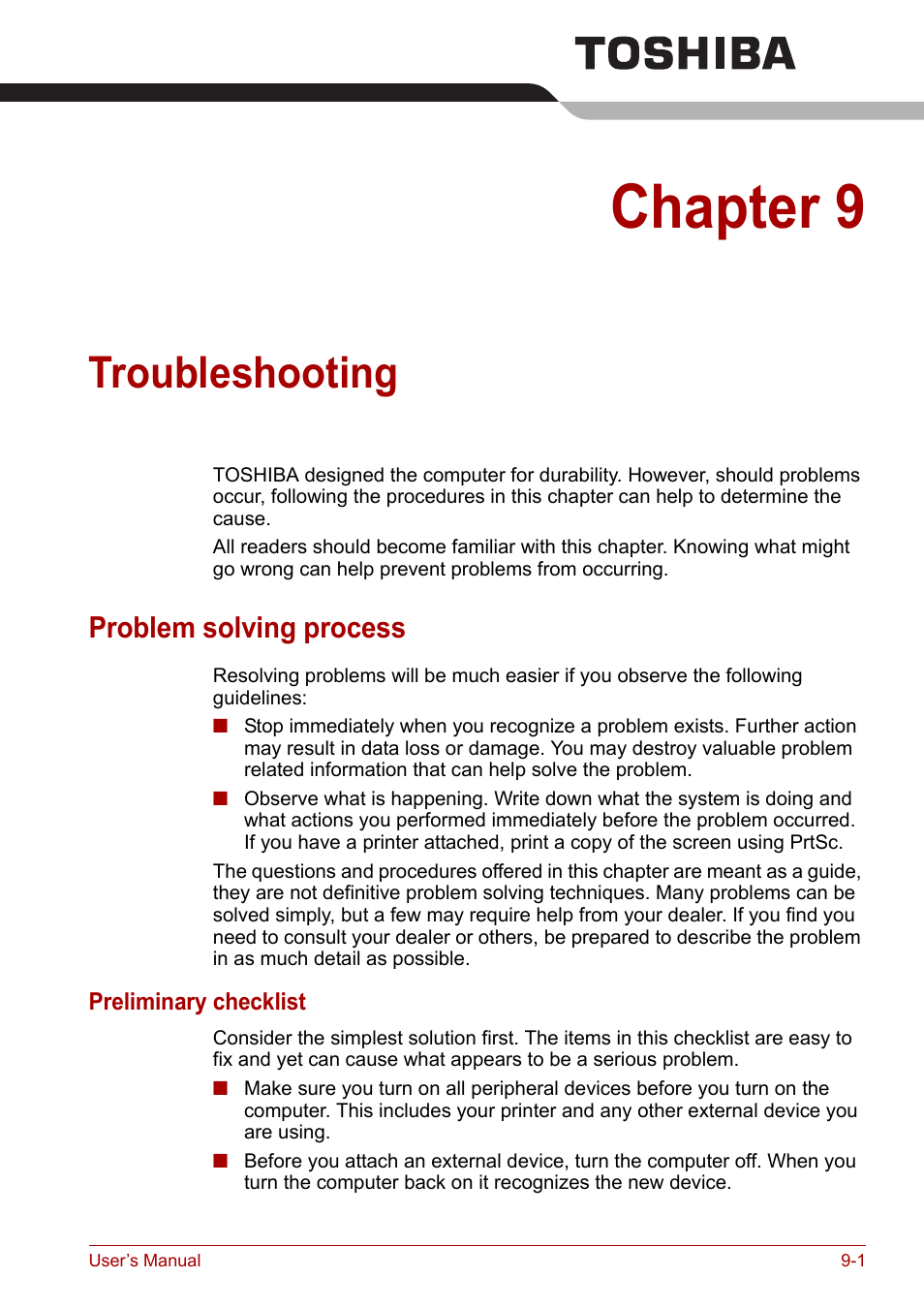 Chapter 9: troubleshooting, Problem solving process, Chapter 9 | Troubleshooting, Problem solving process -1, Provi, For det | Toshiba Satellite L30 (PSL33) User Manual | Page 116 / 165