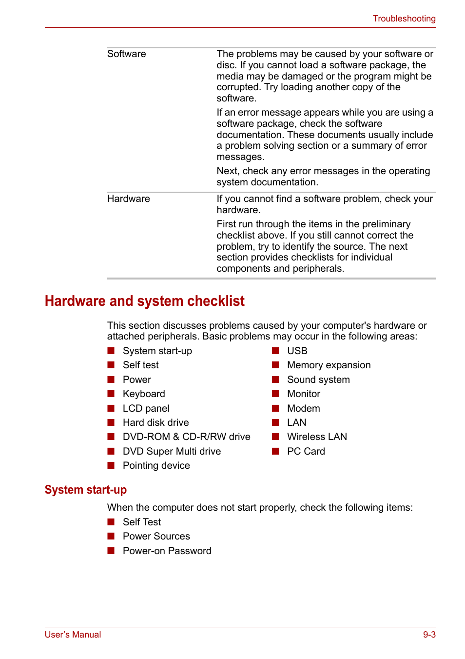 Hardware and system checklist, Hardware and system checklist -3, System start-up | Toshiba Satellite L30 (PSL33) User Manual | Page 118 / 165