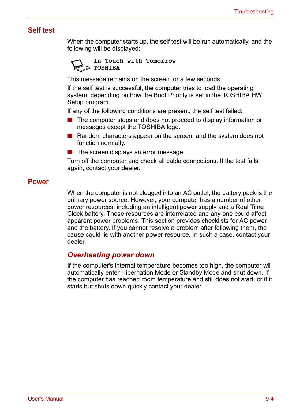 Self test, Power | Toshiba Satellite L30 (PSL33) User Manual | Page 119 / 165