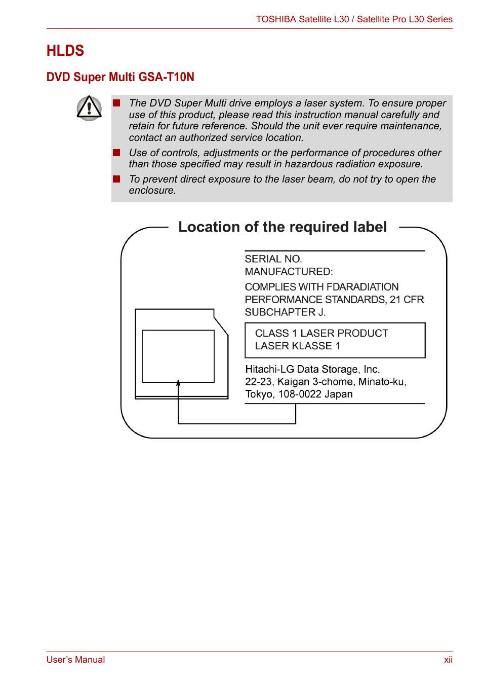 Hlds, Dvd super multi gsa-t10n | Toshiba Satellite L30 (PSL33) User Manual | Page 12 / 165