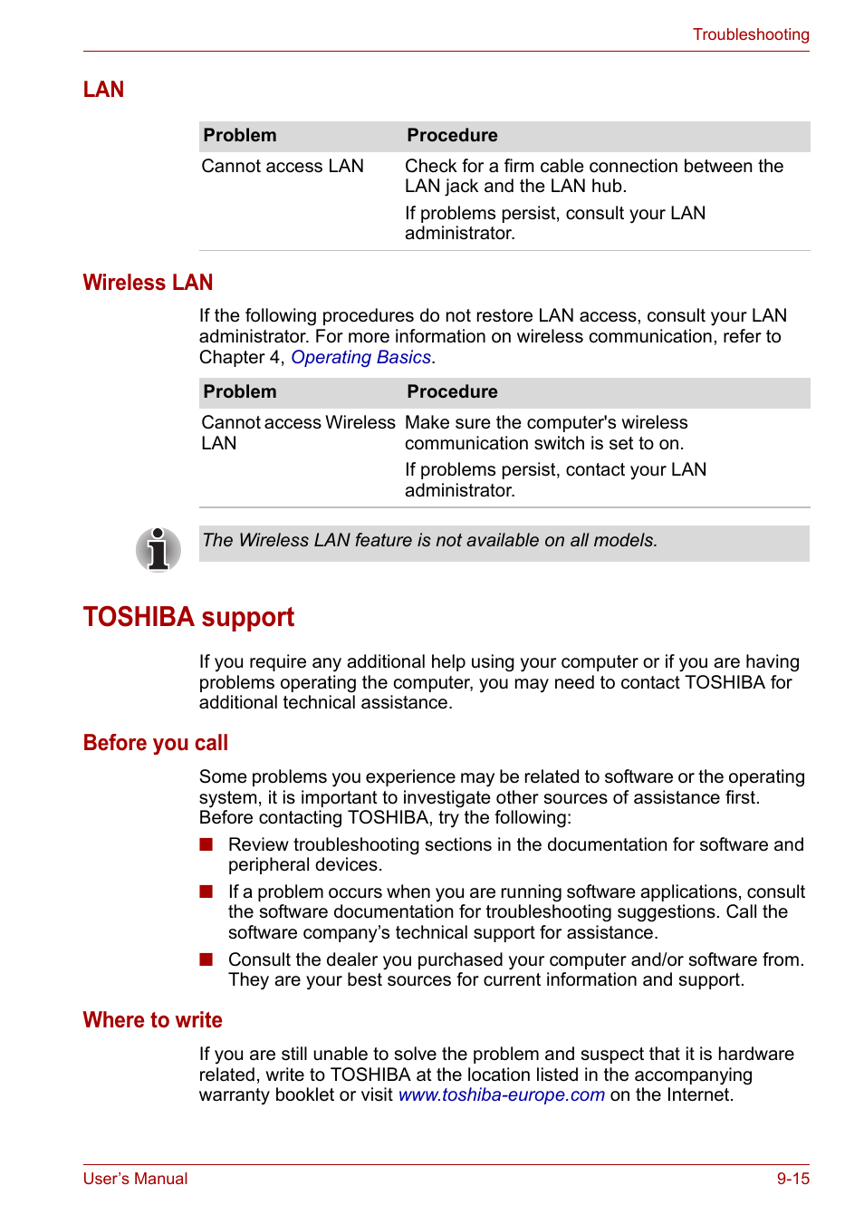 Toshiba support, Toshiba support -15, Lan wireless lan | Before you call, Where to write | Toshiba Satellite L30 (PSL33) User Manual | Page 130 / 165