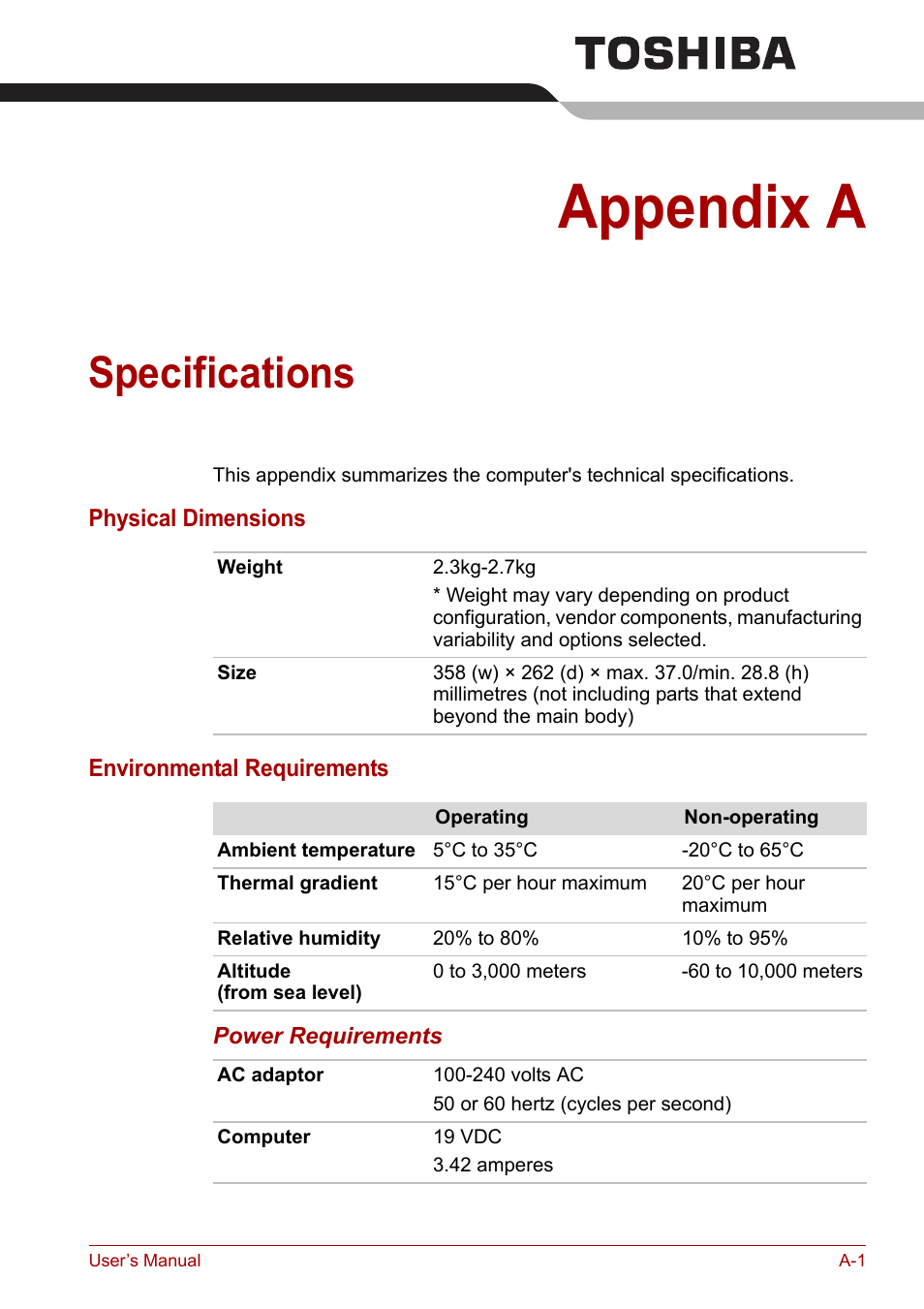 Appendix a: specifications, Appendix a, Specifications | Appendices | Toshiba Satellite L30 (PSL33) User Manual | Page 131 / 165