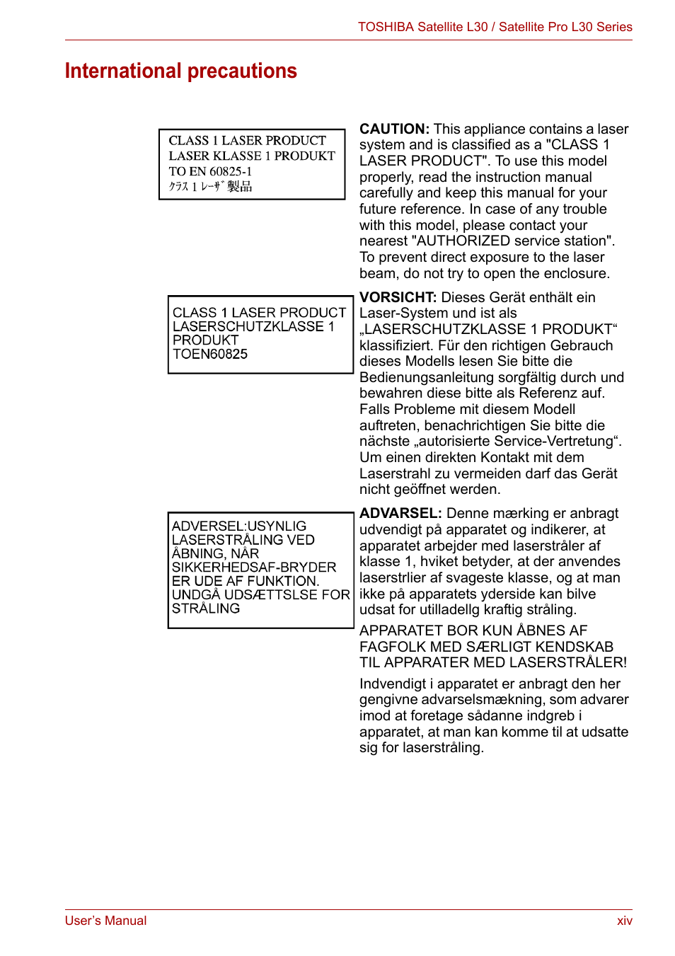 International precautions | Toshiba Satellite L30 (PSL33) User Manual | Page 14 / 165