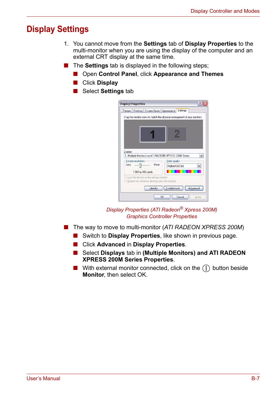 Display settings | Toshiba Satellite L30 (PSL33) User Manual | Page 140 / 165