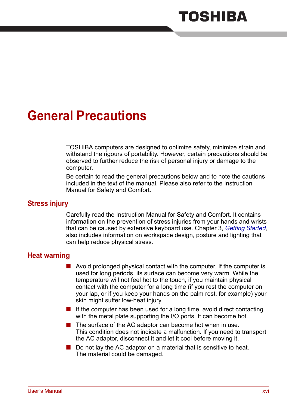 General precautions | Toshiba Satellite L30 (PSL33) User Manual | Page 16 / 165