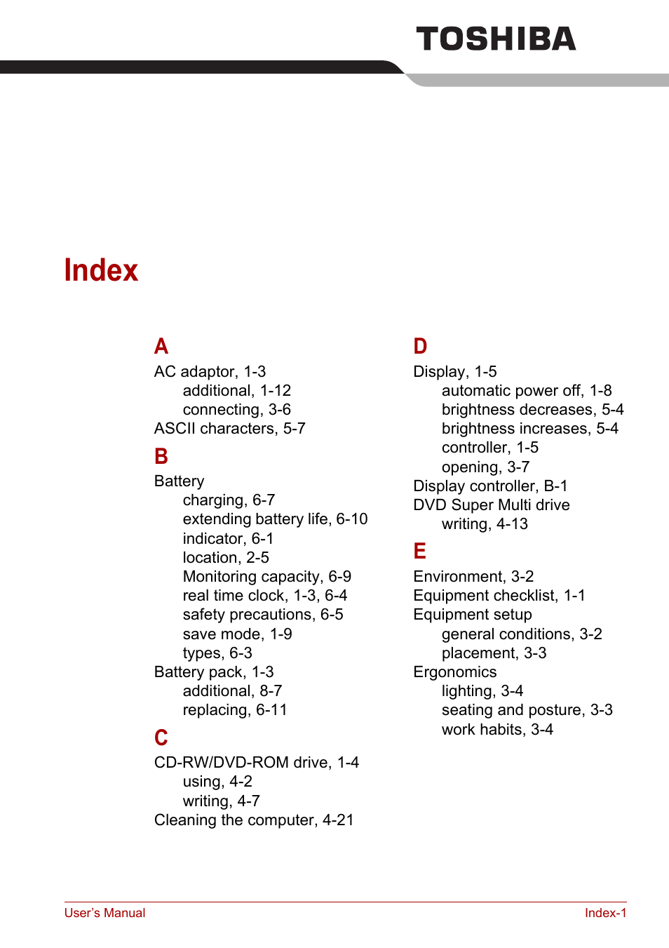 Index | Toshiba Satellite L30 (PSL33) User Manual | Page 163 / 165