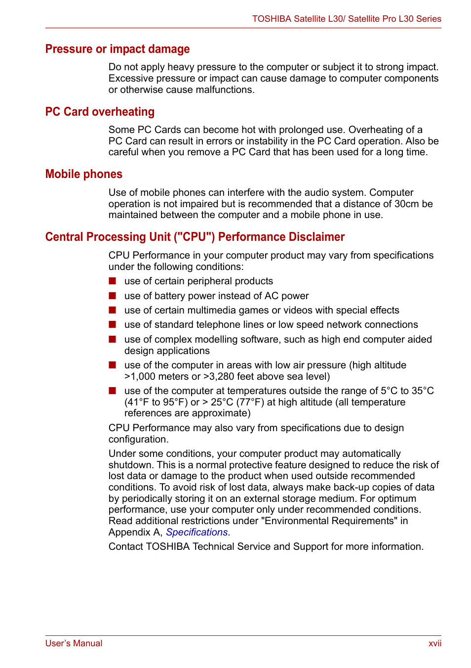 Pressure or impact damage, Pc card overheating, Mobile phones | Toshiba Satellite L30 (PSL33) User Manual | Page 17 / 165