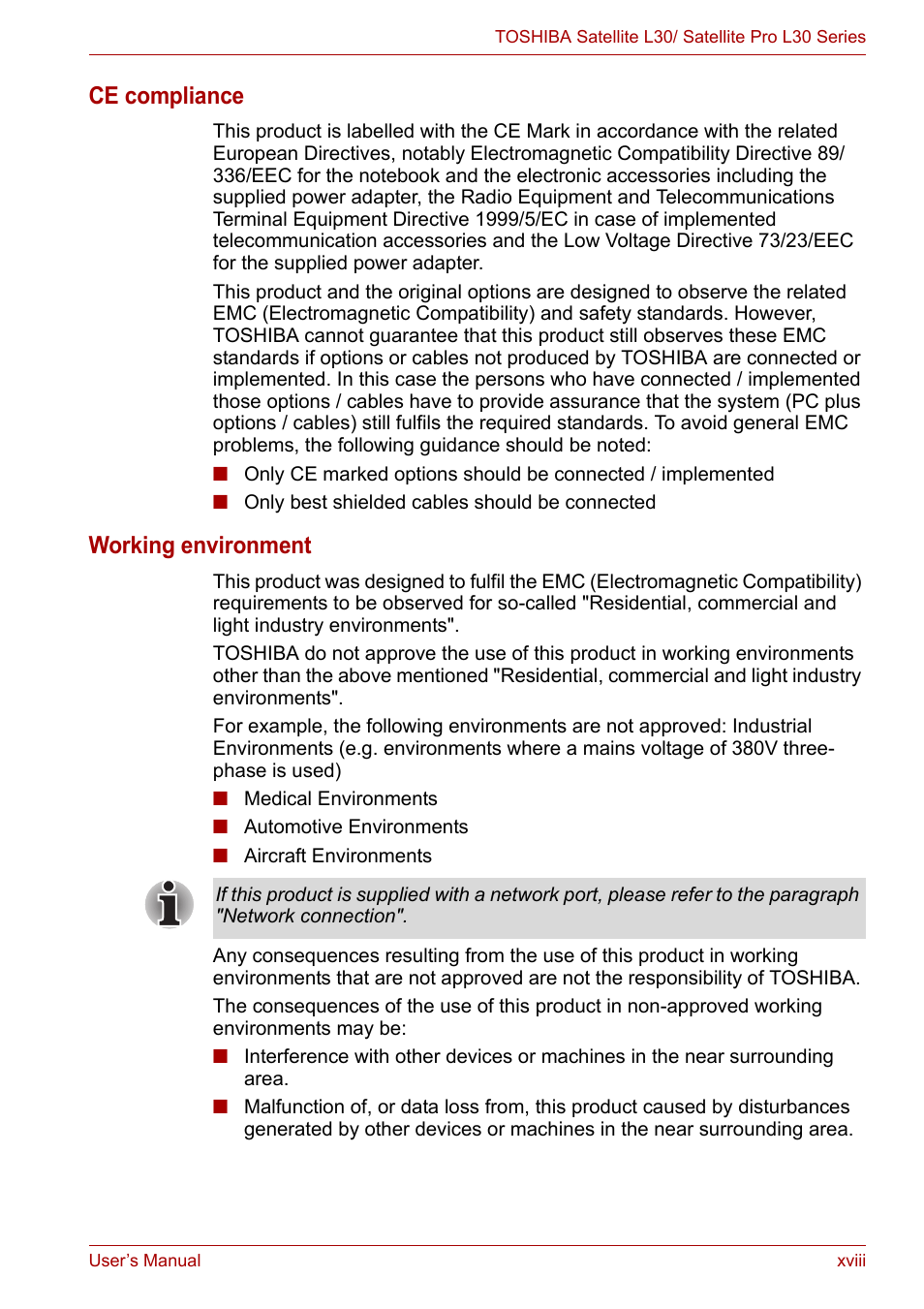 Ce compliance, Working environment | Toshiba Satellite L30 (PSL33) User Manual | Page 18 / 165