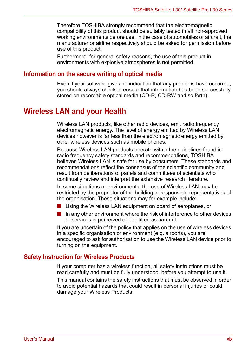 Wireless lan and your health, Information on the secure writing of optical media, Safety instruction for wireless products | Toshiba Satellite L30 (PSL33) User Manual | Page 19 / 165