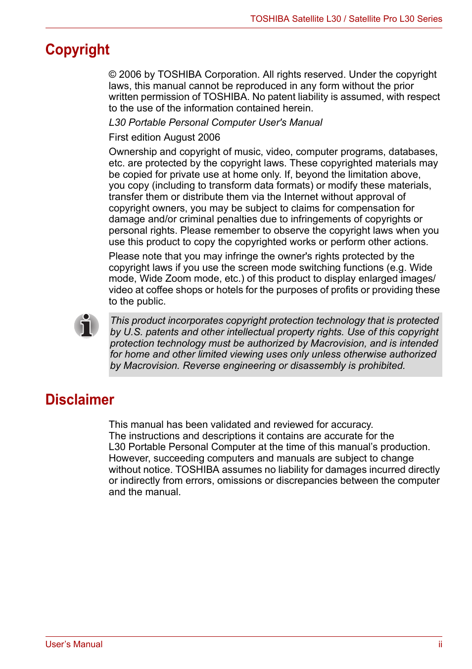 Copyright, Disclaimer | Toshiba Satellite L30 (PSL33) User Manual | Page 2 / 165