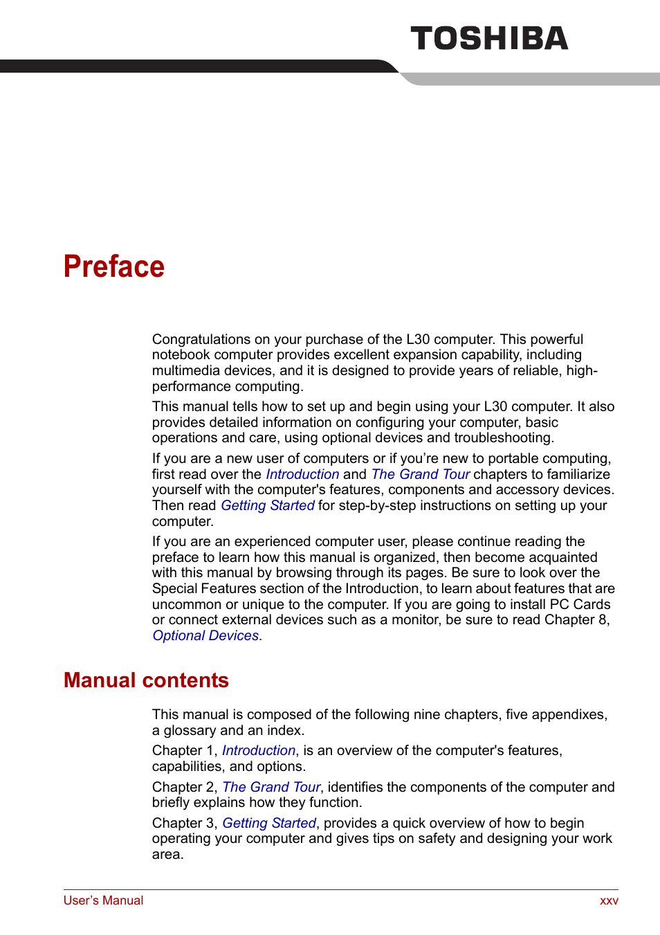 Preface, Manual contents | Toshiba Satellite L30 (PSL33) User Manual | Page 25 / 165