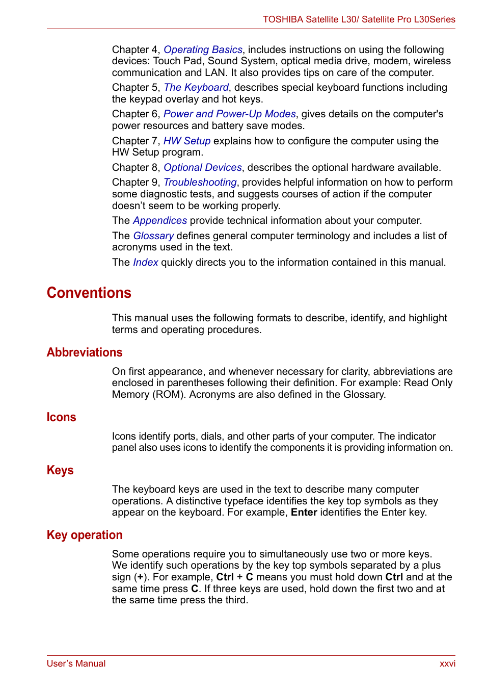 Conventions, Abbreviations, Icons | Keys, Key operation | Toshiba Satellite L30 (PSL33) User Manual | Page 26 / 165