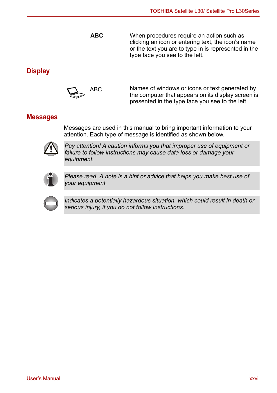 Display messages | Toshiba Satellite L30 (PSL33) User Manual | Page 27 / 165