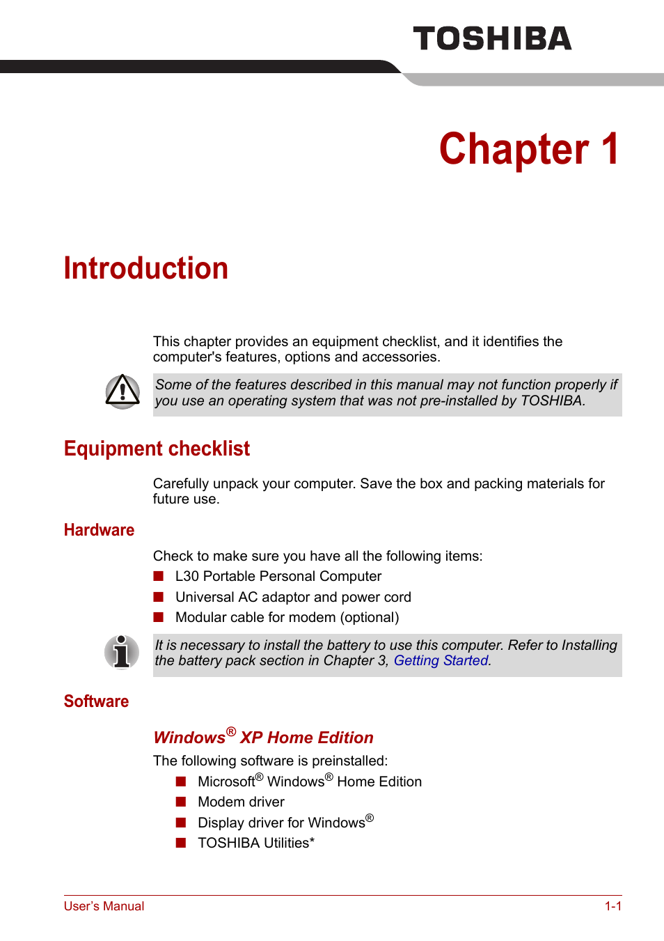 Chapter 1: introduction, Equipment checklist, Chapter 1 | Introduction, Equipment checklist -1 | Toshiba Satellite L30 (PSL33) User Manual | Page 28 / 165