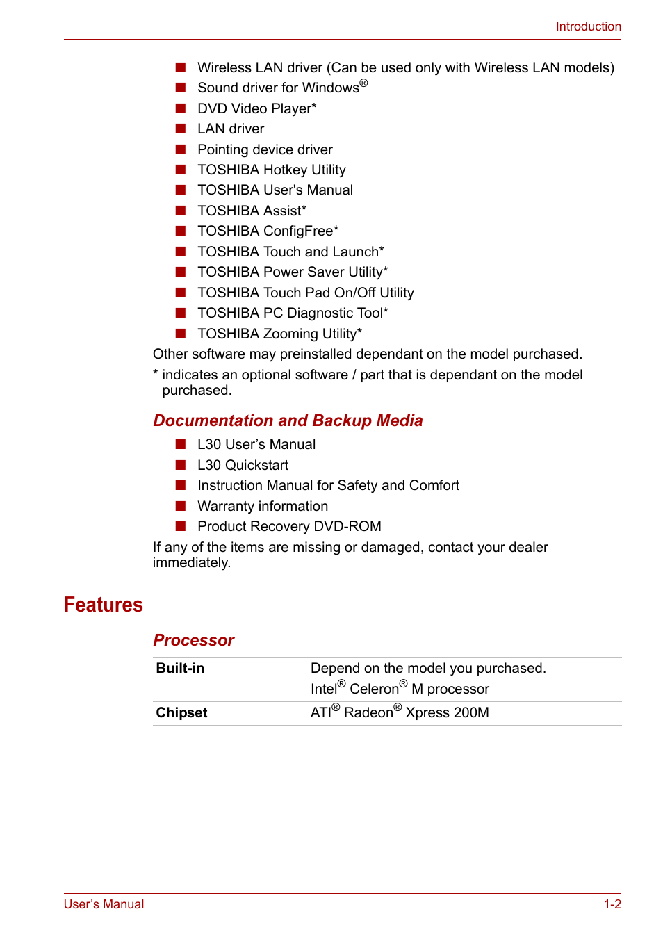 Features, Features -2 | Toshiba Satellite L30 (PSL33) User Manual | Page 29 / 165