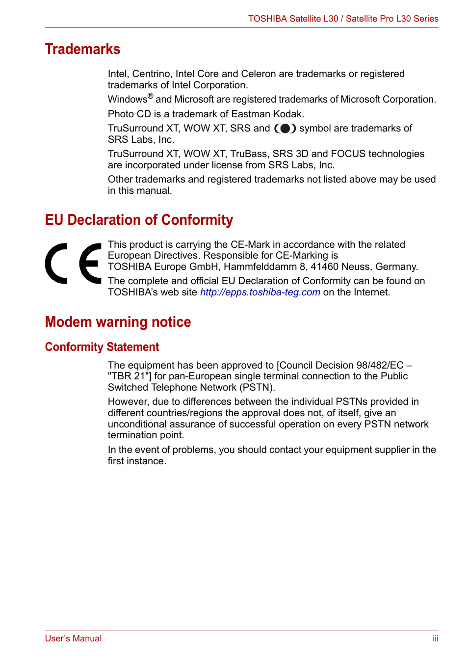 Trademarks, Eu declaration of conformity, Modem warning notice | Toshiba Satellite L30 (PSL33) User Manual | Page 3 / 165