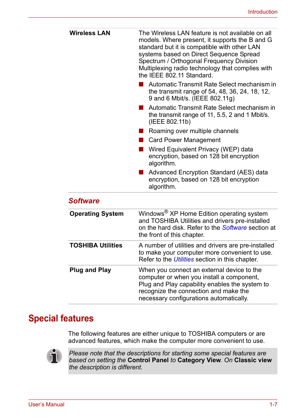 Special features, Special features -7 | Toshiba Satellite L30 (PSL33) User Manual | Page 34 / 165