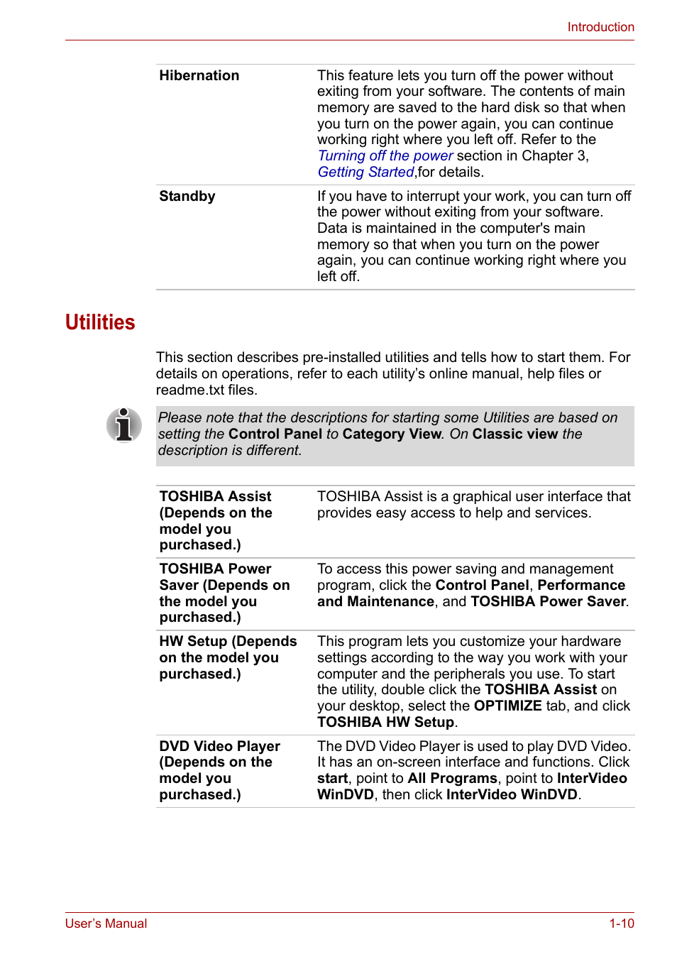 Utilities, Utilities -10 | Toshiba Satellite L30 (PSL33) User Manual | Page 37 / 165