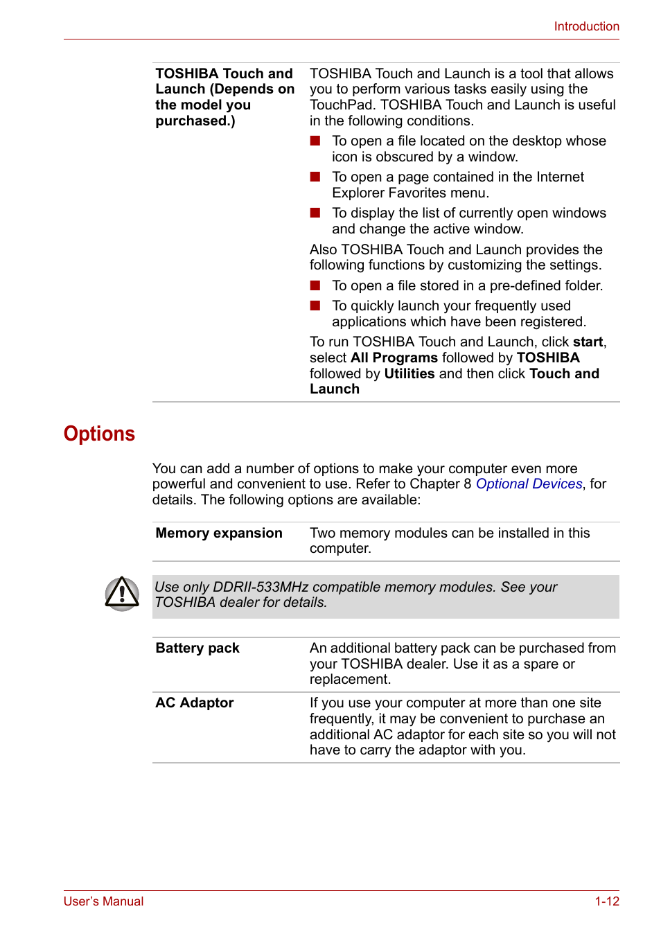 Options, Options -12 | Toshiba Satellite L30 (PSL33) User Manual | Page 39 / 165