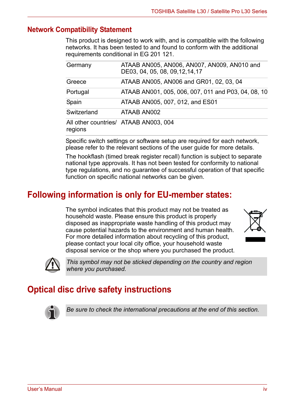 Following information is only for eu-member states, Optical disc drive safety instructions, Network compatibility statement | Toshiba Satellite L30 (PSL33) User Manual | Page 4 / 165