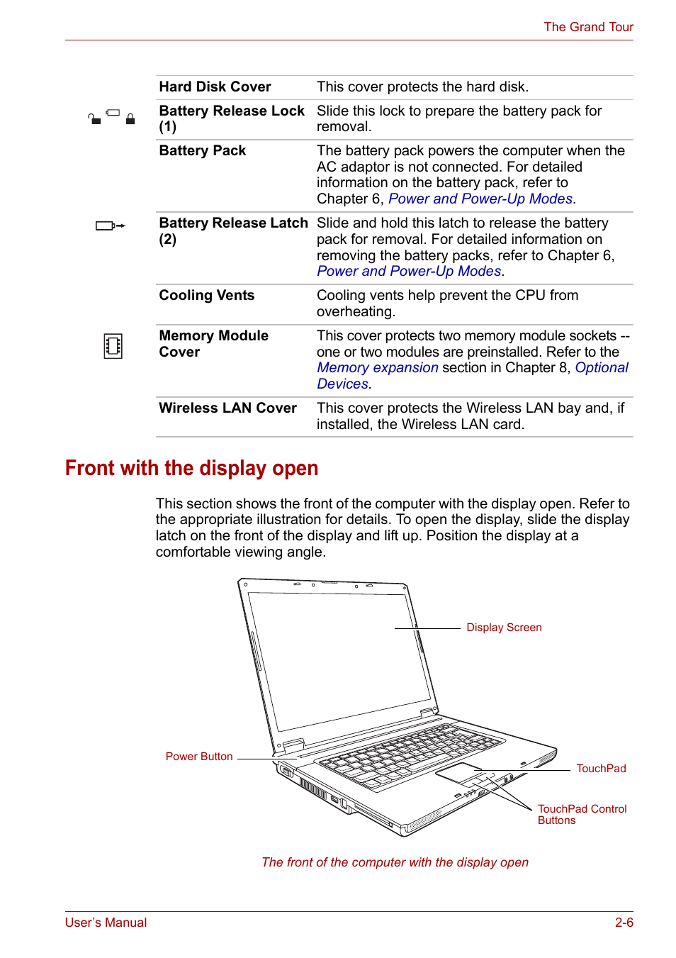 Front with the display open, Front with the display open -6 | Toshiba Satellite L30 (PSL33) User Manual | Page 45 / 165