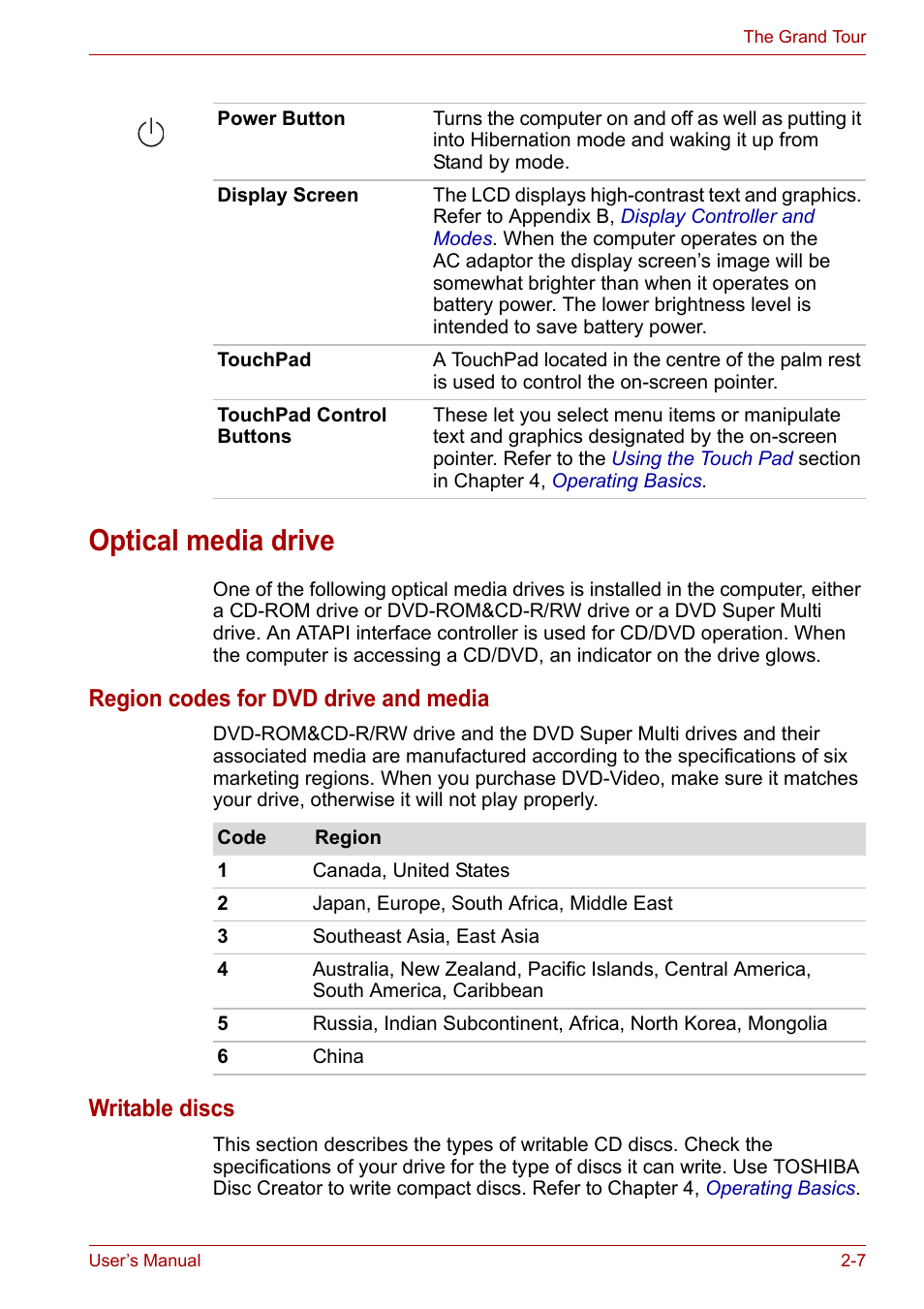 Optical media drive, Optical media drive -7, Region codes for dvd drive and media | Writable discs | Toshiba Satellite L30 (PSL33) User Manual | Page 46 / 165