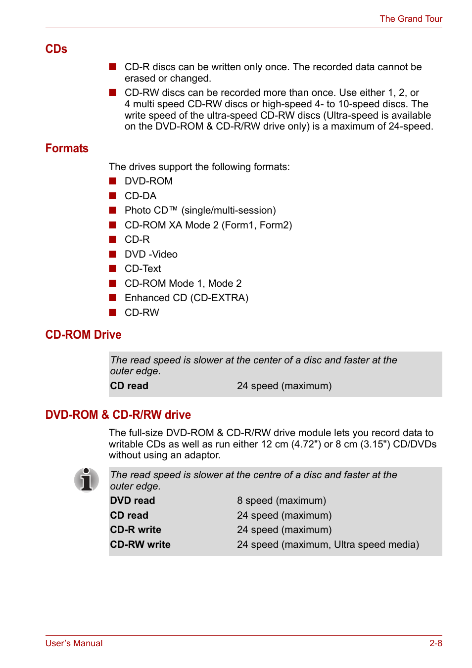 Formats, Cd-rom drive dvd-rom & cd-r/rw drive | Toshiba Satellite L30 (PSL33) User Manual | Page 47 / 165