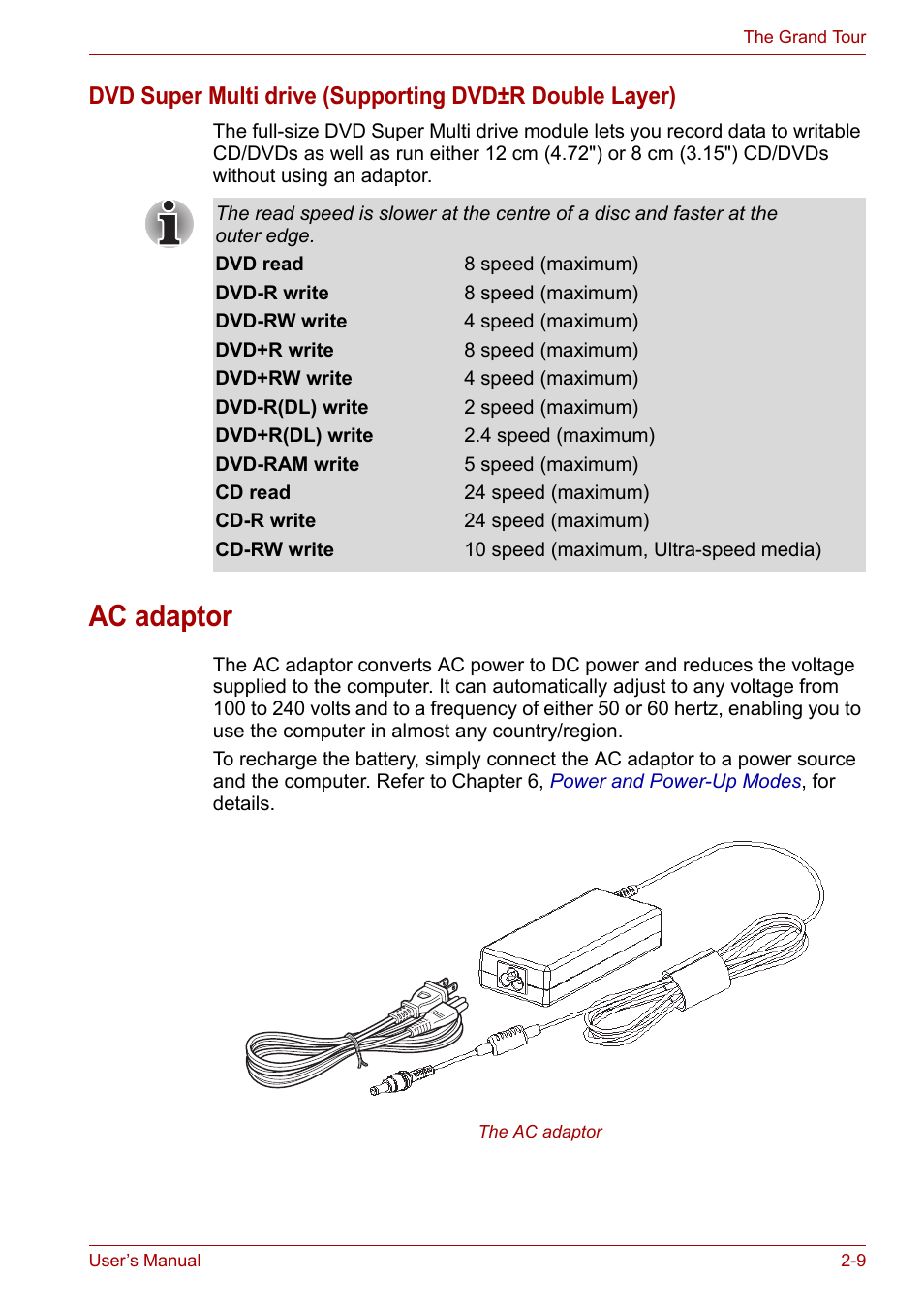 Ac adaptor, Ac adaptor -9 | Toshiba Satellite L30 (PSL33) User Manual | Page 48 / 165