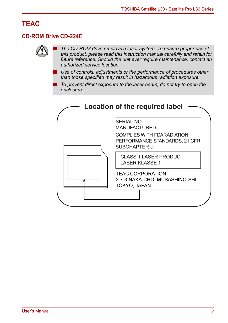 Teac, Cd-rom drive cd-224e | Toshiba Satellite L30 (PSL33) User Manual | Page 5 / 165