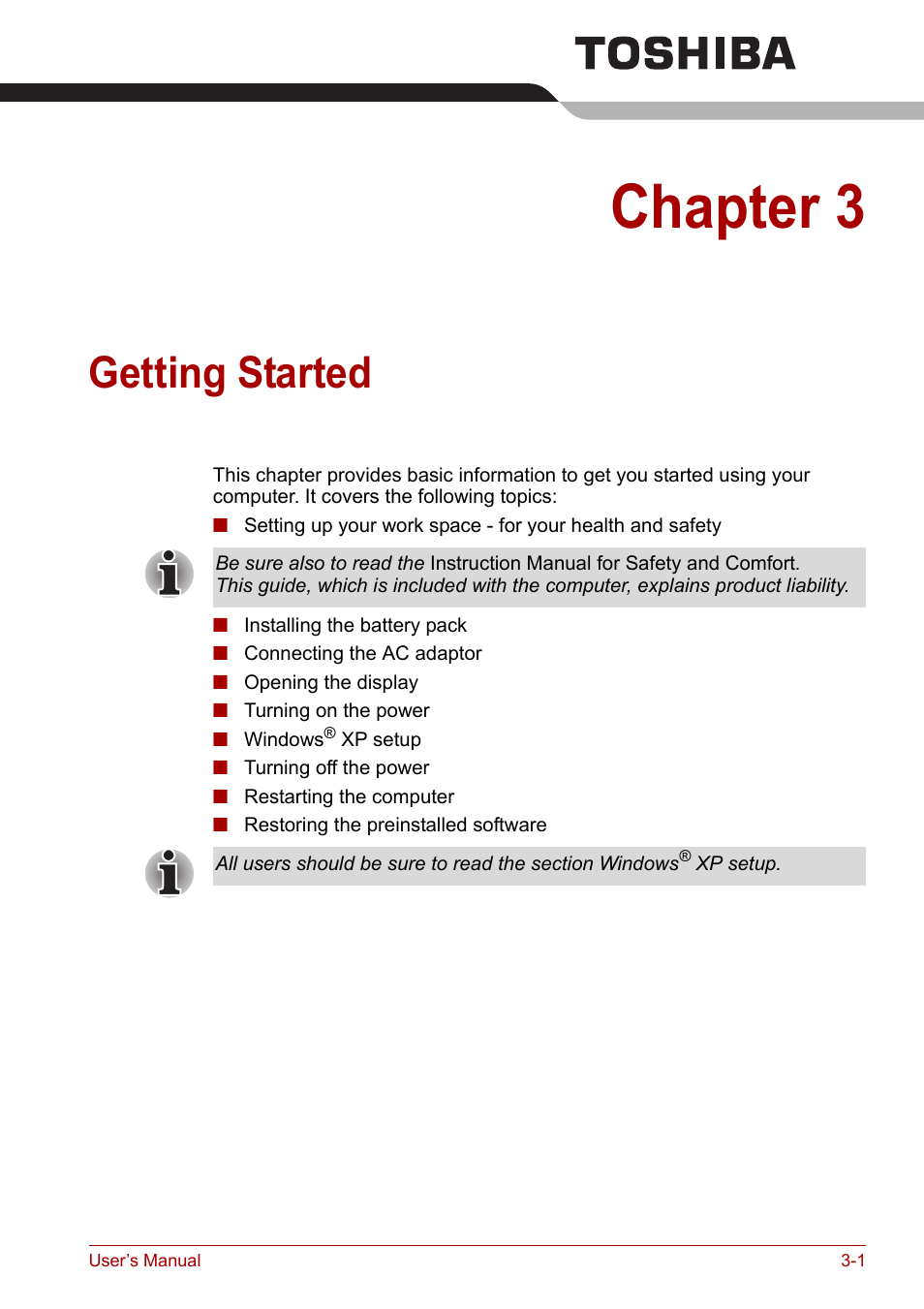 Chapter 3: getting started, Chapter 3, Getting started | Provi | Toshiba Satellite L30 (PSL33) User Manual | Page 50 / 165