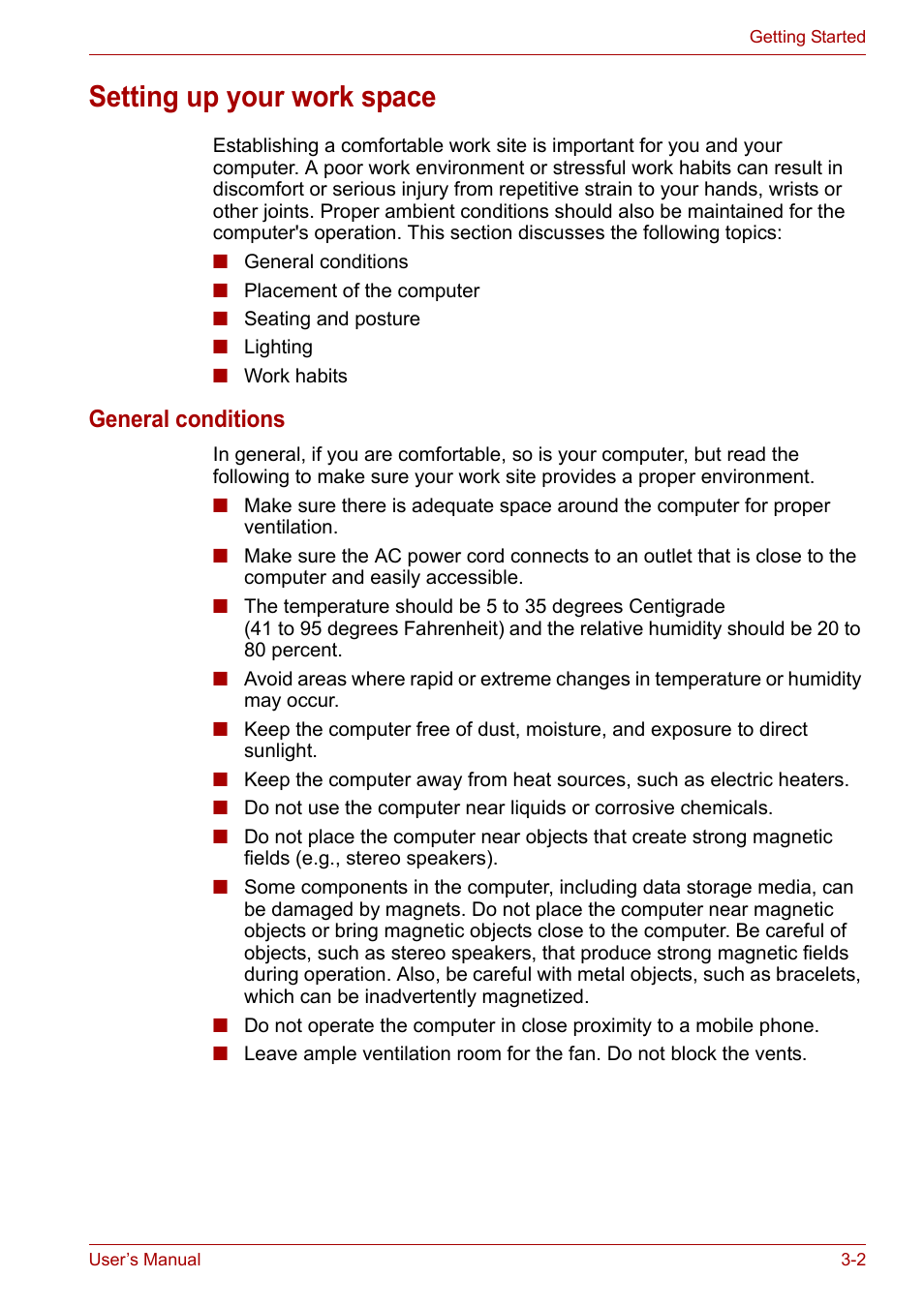 Setting up your work space, Setting up your work space -2, General conditions | Toshiba Satellite L30 (PSL33) User Manual | Page 51 / 165