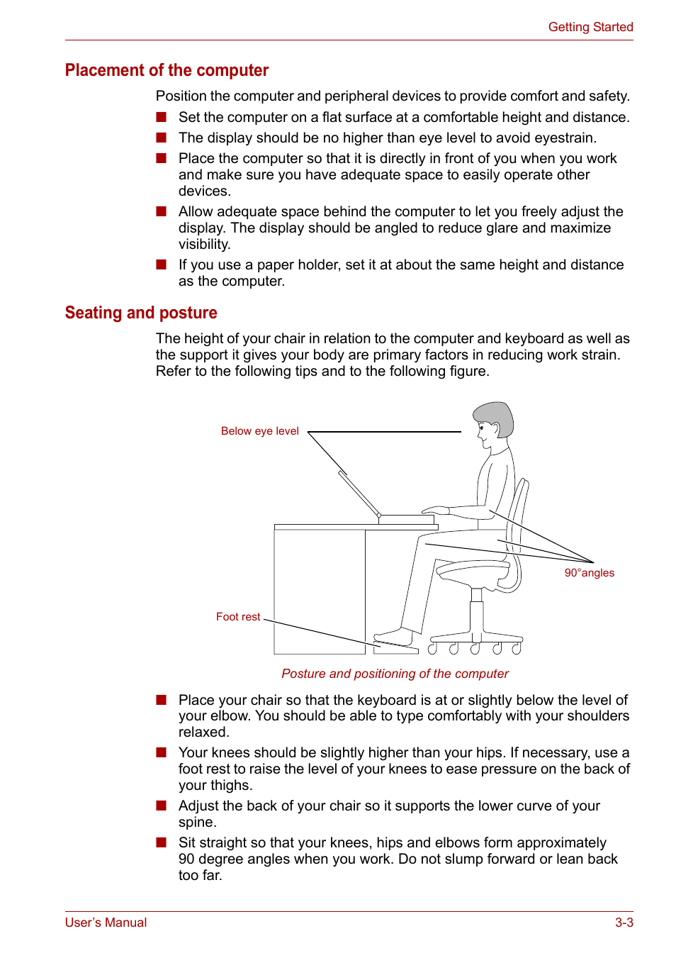 Placement of the computer, Seating and posture | Toshiba Satellite L30 (PSL33) User Manual | Page 52 / 165