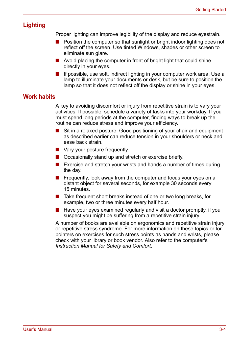 Lighting, Work habits | Toshiba Satellite L30 (PSL33) User Manual | Page 53 / 165