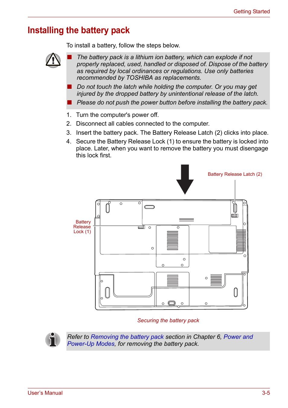 Installing the battery pack, Installing the battery pack -5 | Toshiba Satellite L30 (PSL33) User Manual | Page 54 / 165