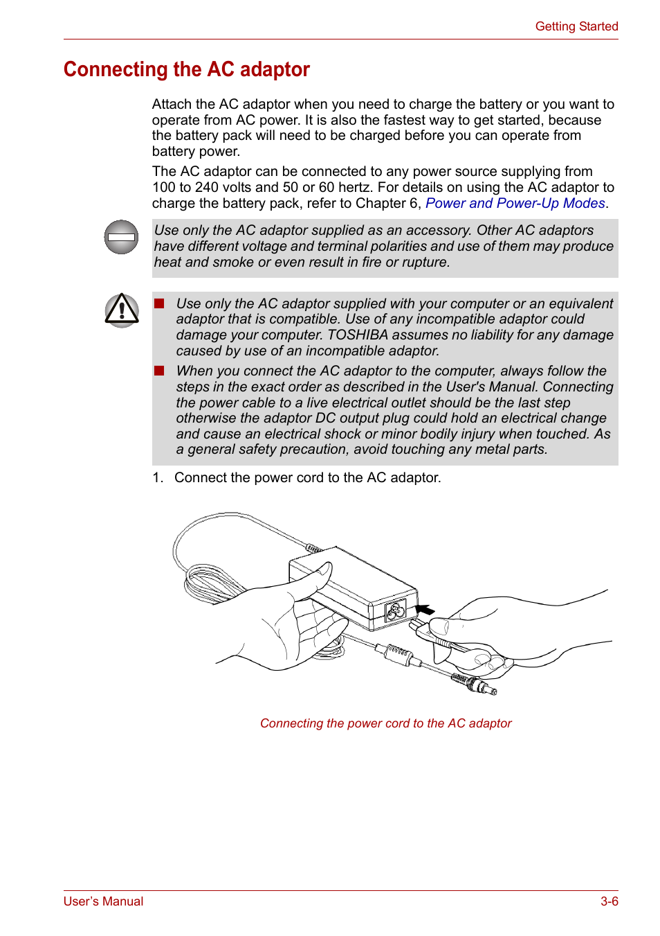 Connecting the ac adaptor, Connecting the ac adaptor -6 | Toshiba Satellite L30 (PSL33) User Manual | Page 55 / 165