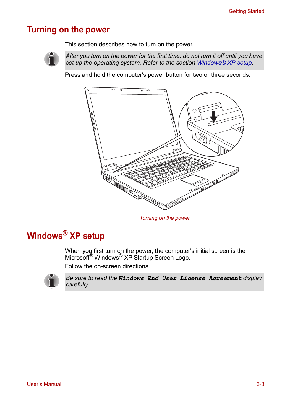 Turning on the power, Windows® xp setup, Turning on the power -8 windows® xp setup -8 | Windows, Xp setup | Toshiba Satellite L30 (PSL33) User Manual | Page 57 / 165