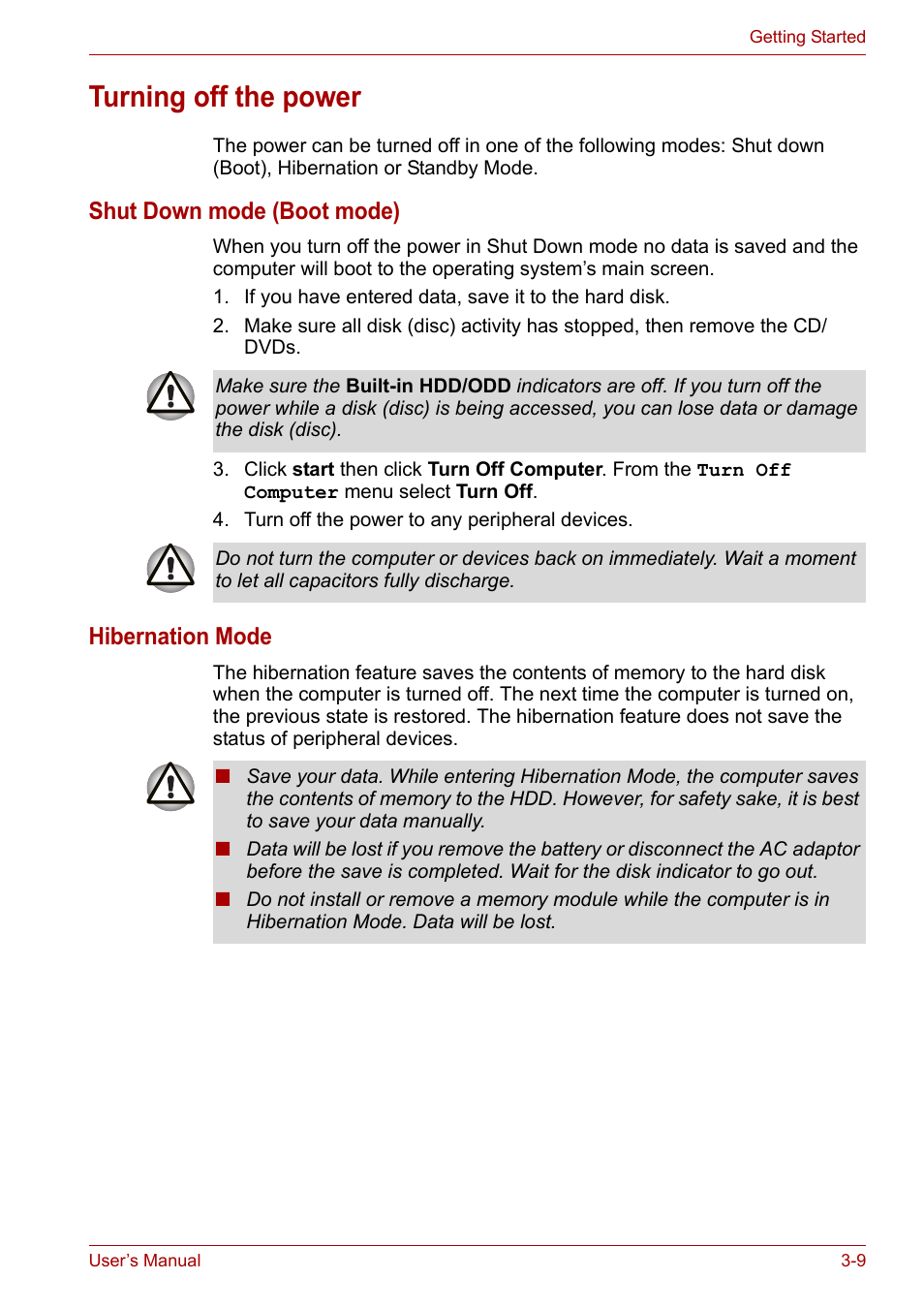 Turning off the power, Turning off the power -9, Shut down mode (boot mode) | Hibernation mode | Toshiba Satellite L30 (PSL33) User Manual | Page 58 / 165